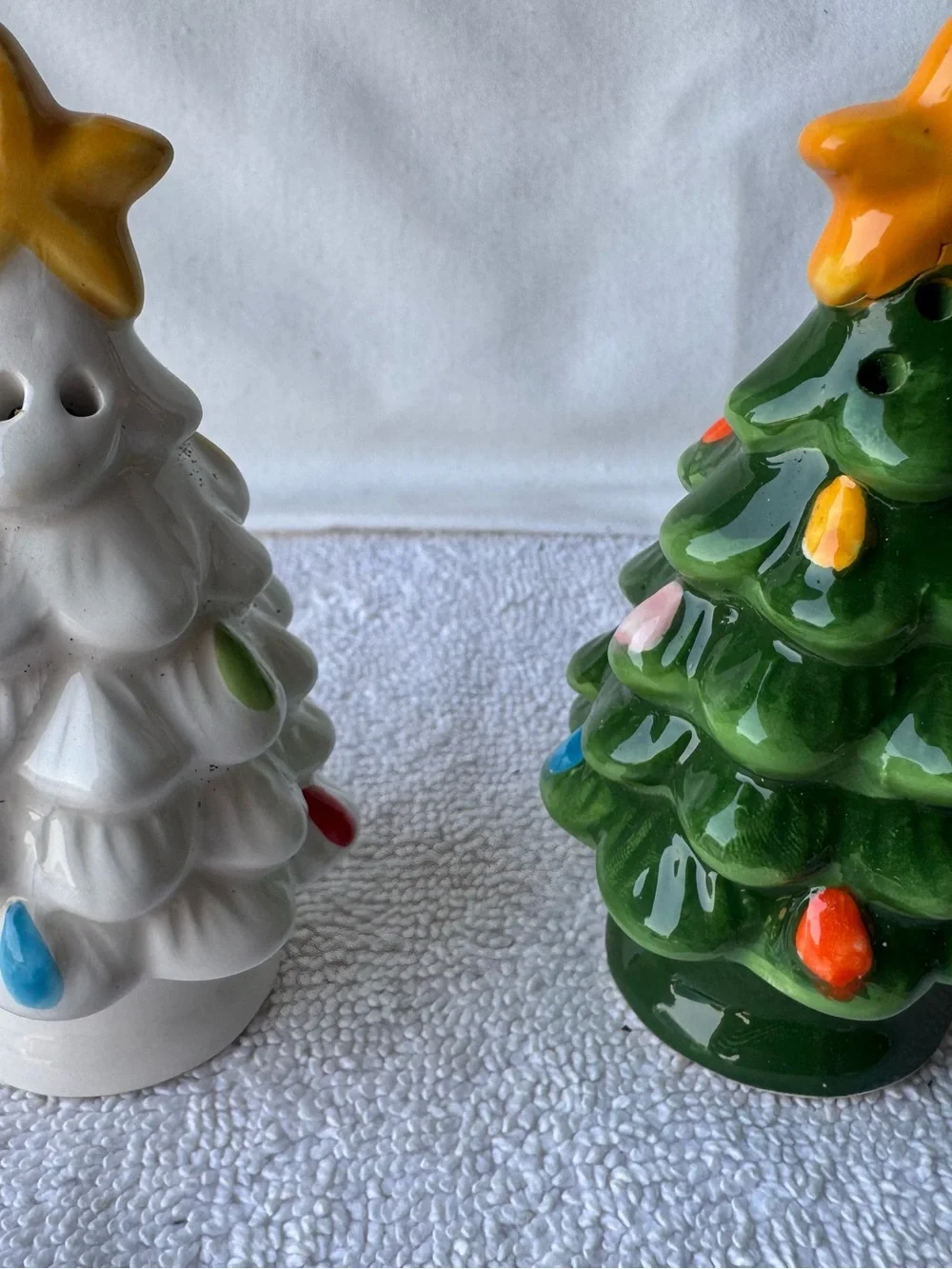 Ceramic Holiday Tree Figurine - White and Green - salt and pepper shakers